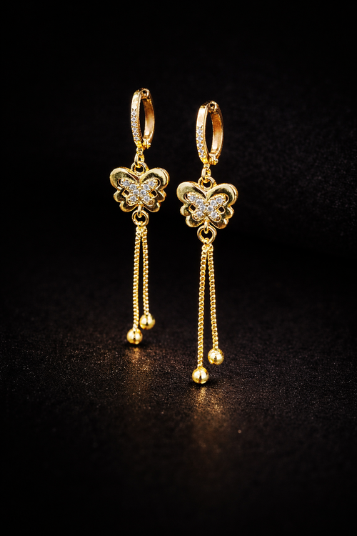 Anti Tarnish Waterproof Luxury Gold Plated Butterfly Tassel Earrings | Anti Tarnish Waterproof Korean Style CZ Hoop Earrings Earrings for Women & Girls - Korean Western Trending Jewellery, 6 Month Guarantee