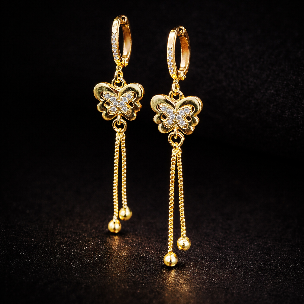 Anti Tarnish Waterproof Luxury Gold Plated Butterfly Tassel Earrings | Anti Tarnish Waterproof Korean Style CZ Hoop Earrings Earrings for Women & Girls - Korean Western Trending Jewellery, 6 Month Guarantee