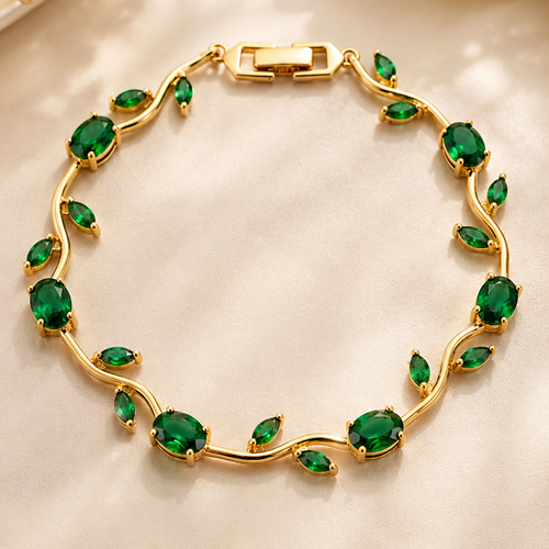 Anti Tarnish Waterproof Women's Tulip Bracelet for Women | Gold Plated Green Stone Floral Vine Bracelet | Bracelet for Women & Girls - Western Trending Jewellery, 6 Month Guarantee