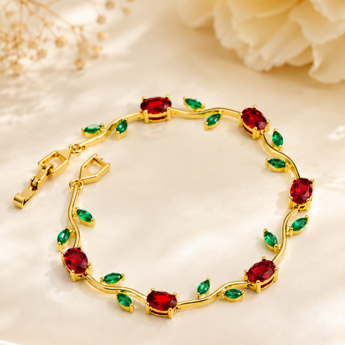 Anti Tarnish Waterproof Women's Tulip Bracelet for Women | Gold Plated Green Stone Floral Vine Bracelet | Bracelet for Women & Girls - Western Trending Jewellery, 6 Month Guarantee