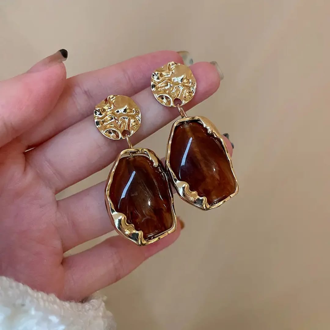 Anti Tarnish Waterproof Gold Brown Stone Drop Earrings for Women & Girls - Boho Western Trending, 6 Month Guarantee