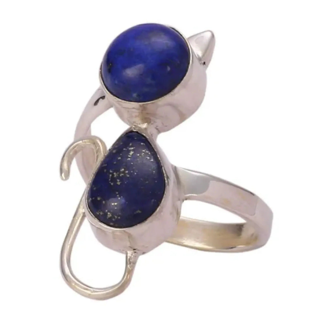 Lapis Lazuli 925 Sterling Silver Handmade Cat Statement Ring - Natural Blue Pear and Round shape Gemstone Boho September Birthstone Jewelry - Perfect Gift for Her Birthday Anniversary Christmas Valentine Day