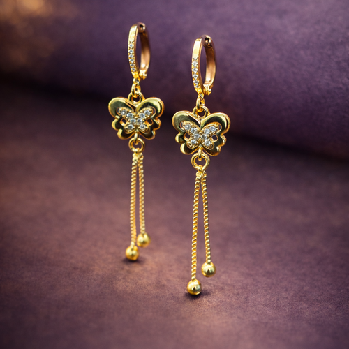 Anti Tarnish Waterproof Luxury Gold Plated Butterfly Tassel Earrings | Anti Tarnish Waterproof Korean Style CZ Hoop Earrings Earrings for Women & Girls - Korean Western Trending Jewellery, 6 Month Guarantee
