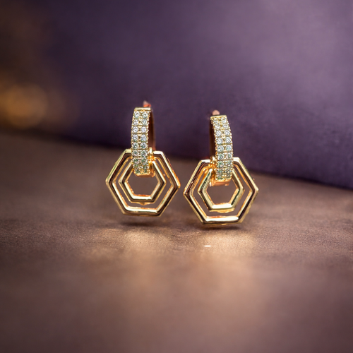 Anti Tarnish Waterproof Anti Tarnish Waterproof Hexagon Hoop Earrings for Women | Gold Plated Korean Geometric CZ Earrings | Trendy Daily Wear Jewellery Earrings for Women & Girls - Korean Western Trending Jewellery, 6 Month Guarantee