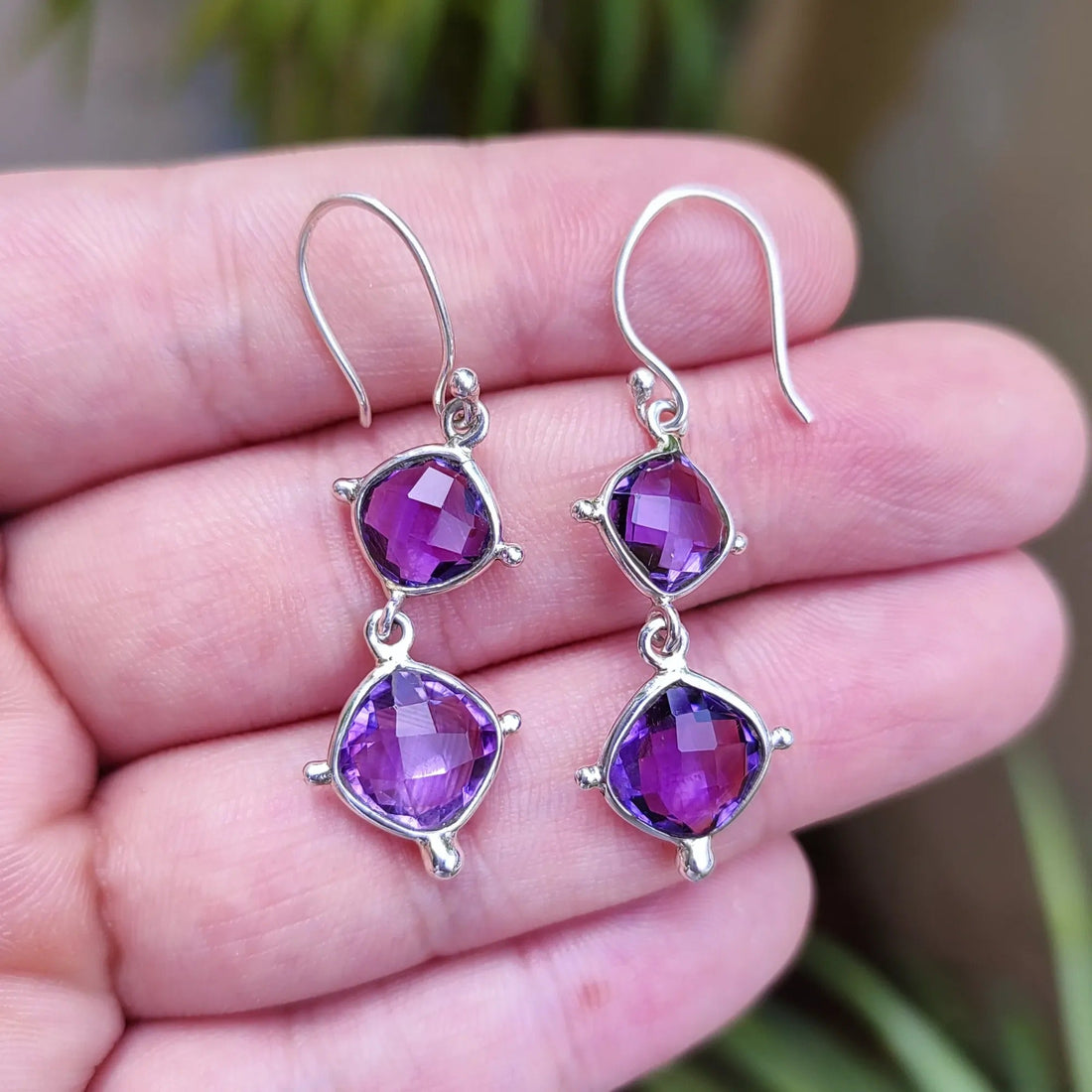 Amethyst Dangle Earrings, 925 Sterling Silver Handmade Earrings, Natural Purple Gemstone Cushion Briolette Earrings, Gift for Her