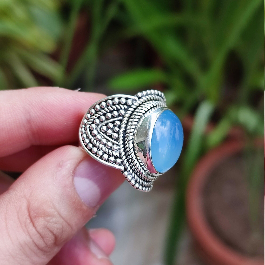 Natural Chalcedony Oval 925 Sterling Silver Handmade Designer Artisans Cocktail Women Ring, Gift for her, Gemstone Silver Boho Ring