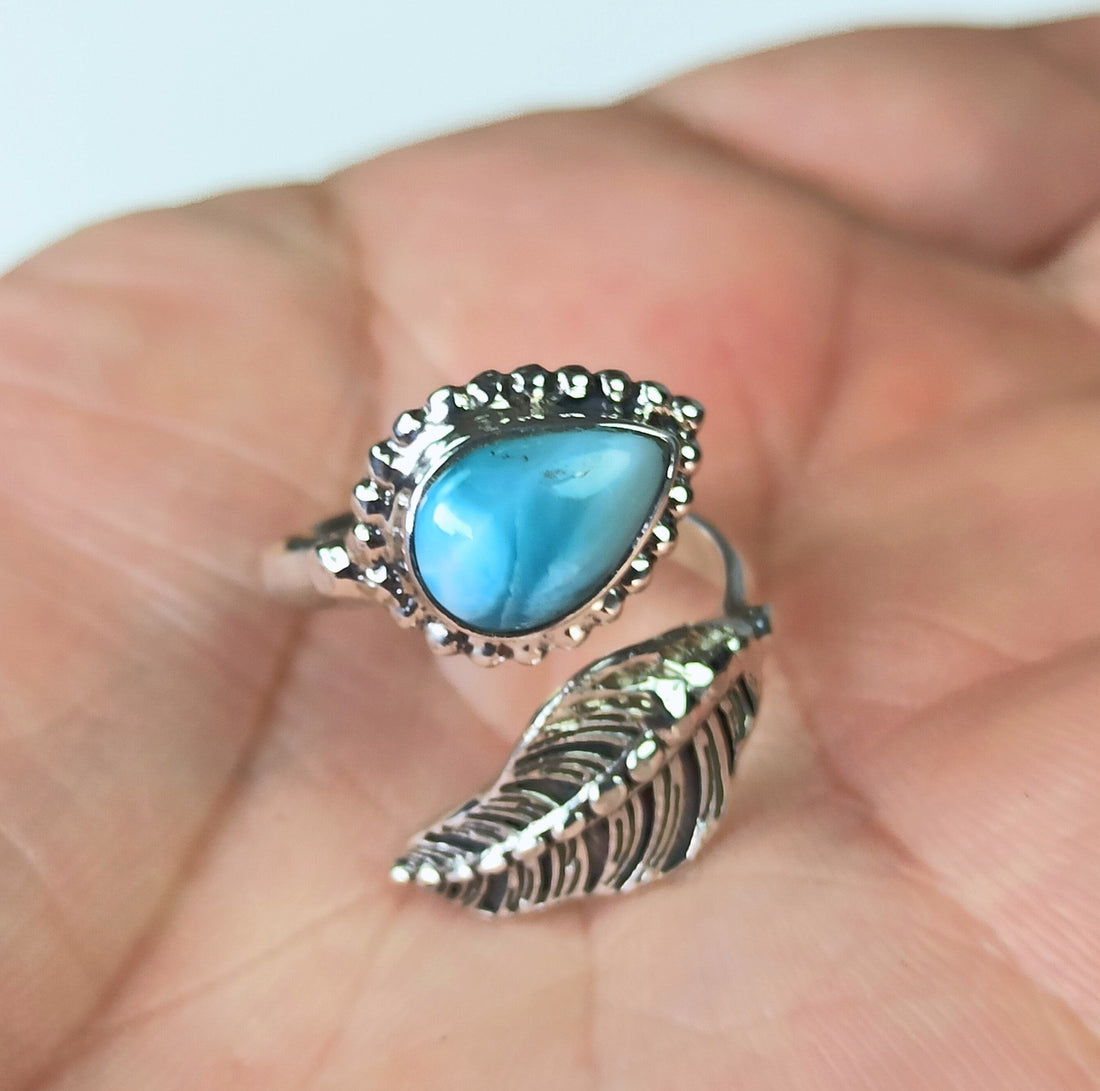 Natural Larimar 925 Sterling Silver Handmade Statement Ring, Blue Gemstone, Silver Ring, Gift for her, Larimar Ring, Boho Hippie Jewelry