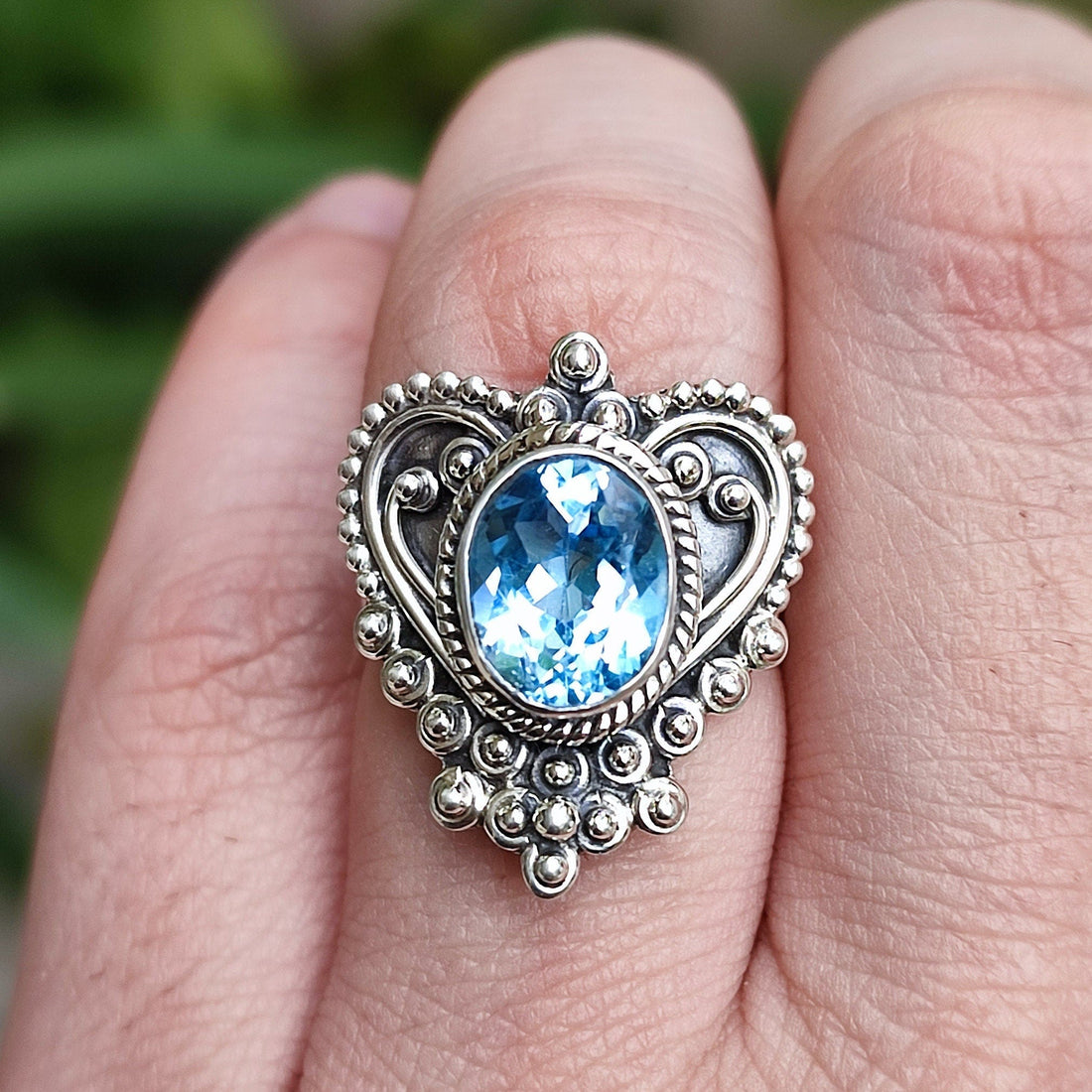 Blue Topaz Ring, Handmade 925 Sterling Silver Heartshape Promise Ring, Natural Oval Gemstone Jewelry, December Birthstone, Gift for Her