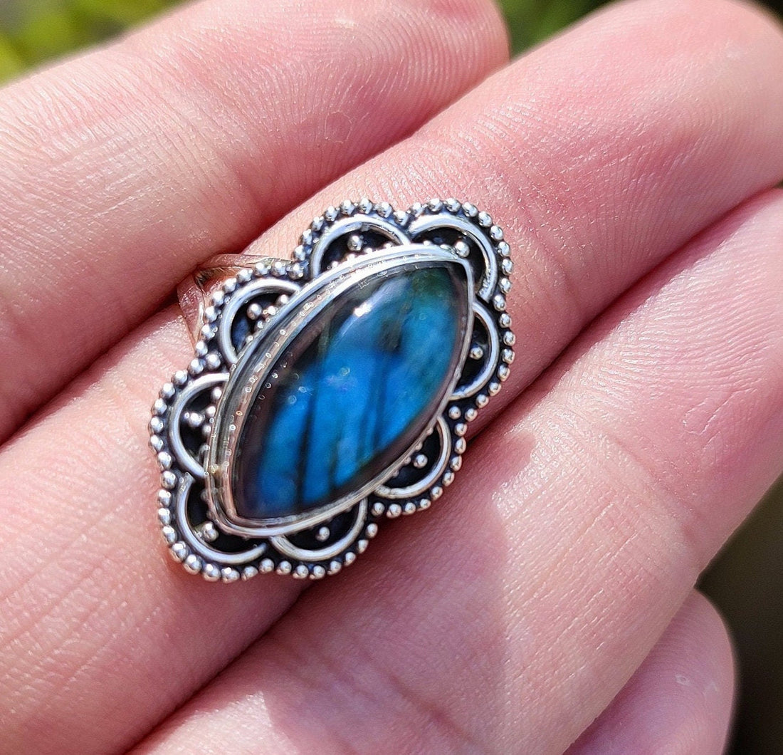 Natural Labradorite Sterling Silver Handmade Statement Women Ring,  Gift for her, Labradorite Gemstone Silver Ring, Boho Hippie Jewelry