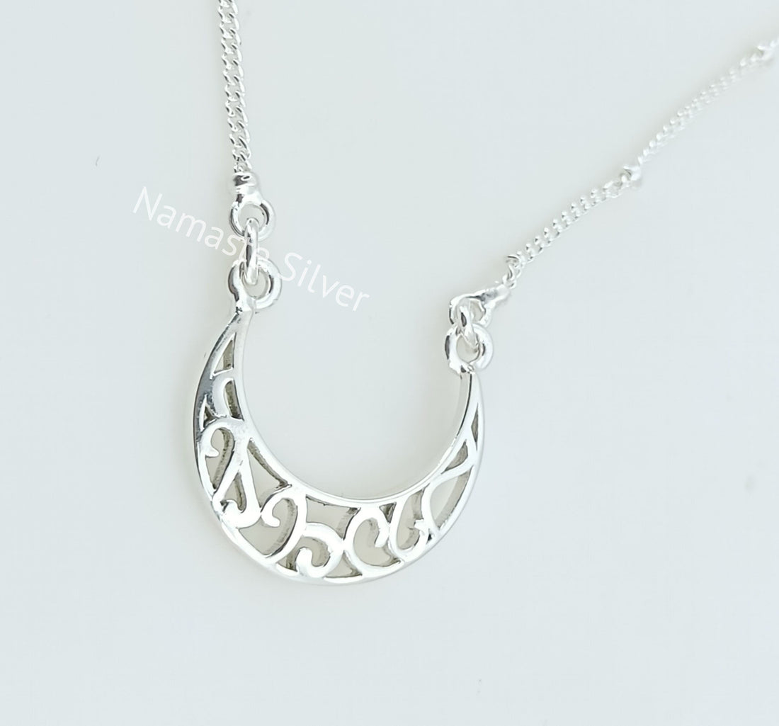 Handmade Sterling Silver Moon Filigree Pendant Necklace, Dainty Silver Moon Necklace, minimalist jewelry, Love Valentine Gift for Her