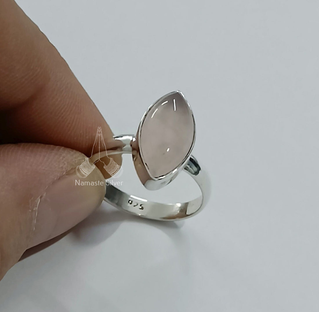 Rose Quartz Sterling Silver Ring - Handmade Statement Minimalist Boho Marquise Ring, Natural Pink Gemstone Jewelry, Elegant Gift for Her