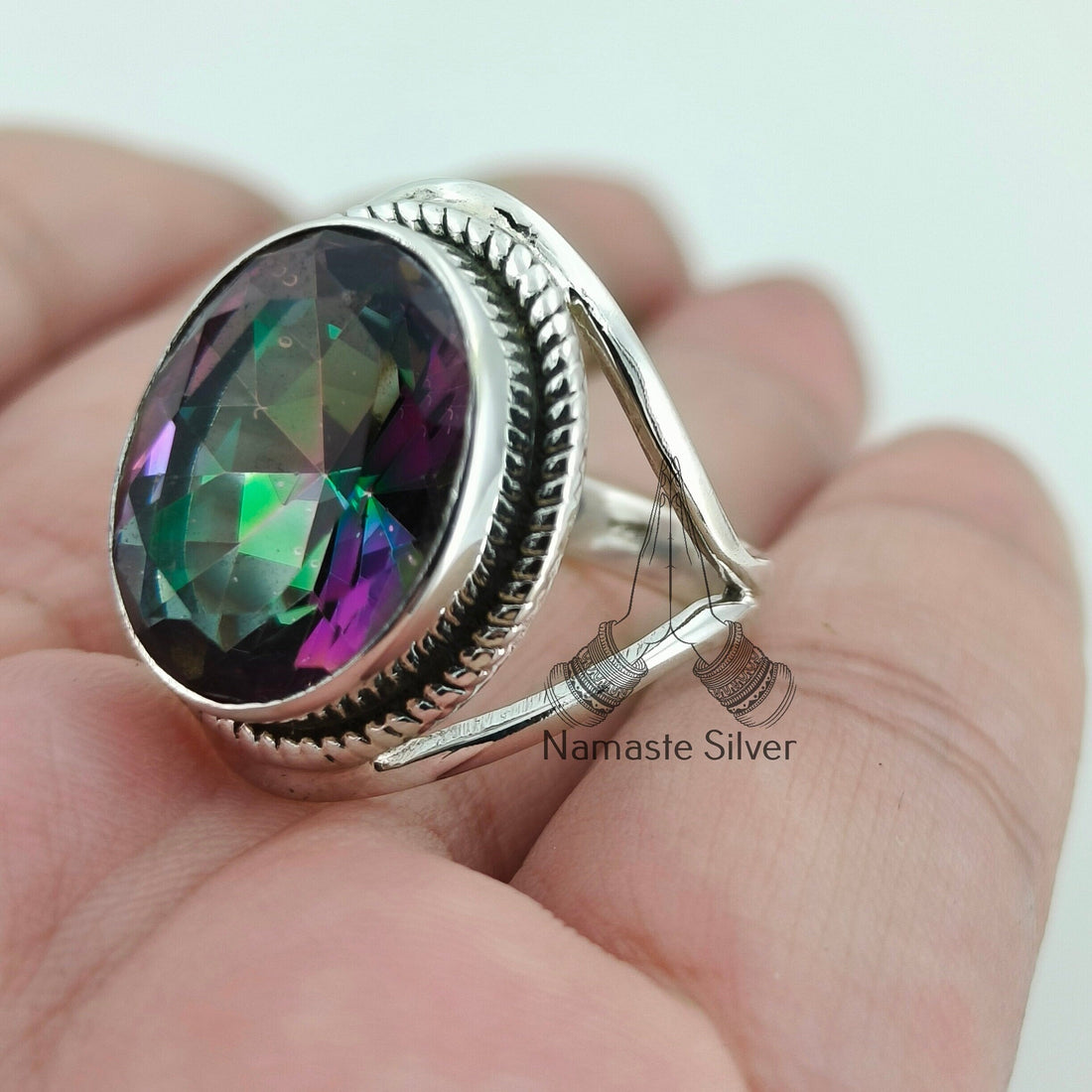 Mystic Topaz Oval Sterling Silver Handmade Statement Women Ring Gemstone Jewelry Gift for her Birthday Anniversary Christmas Valentine's Day