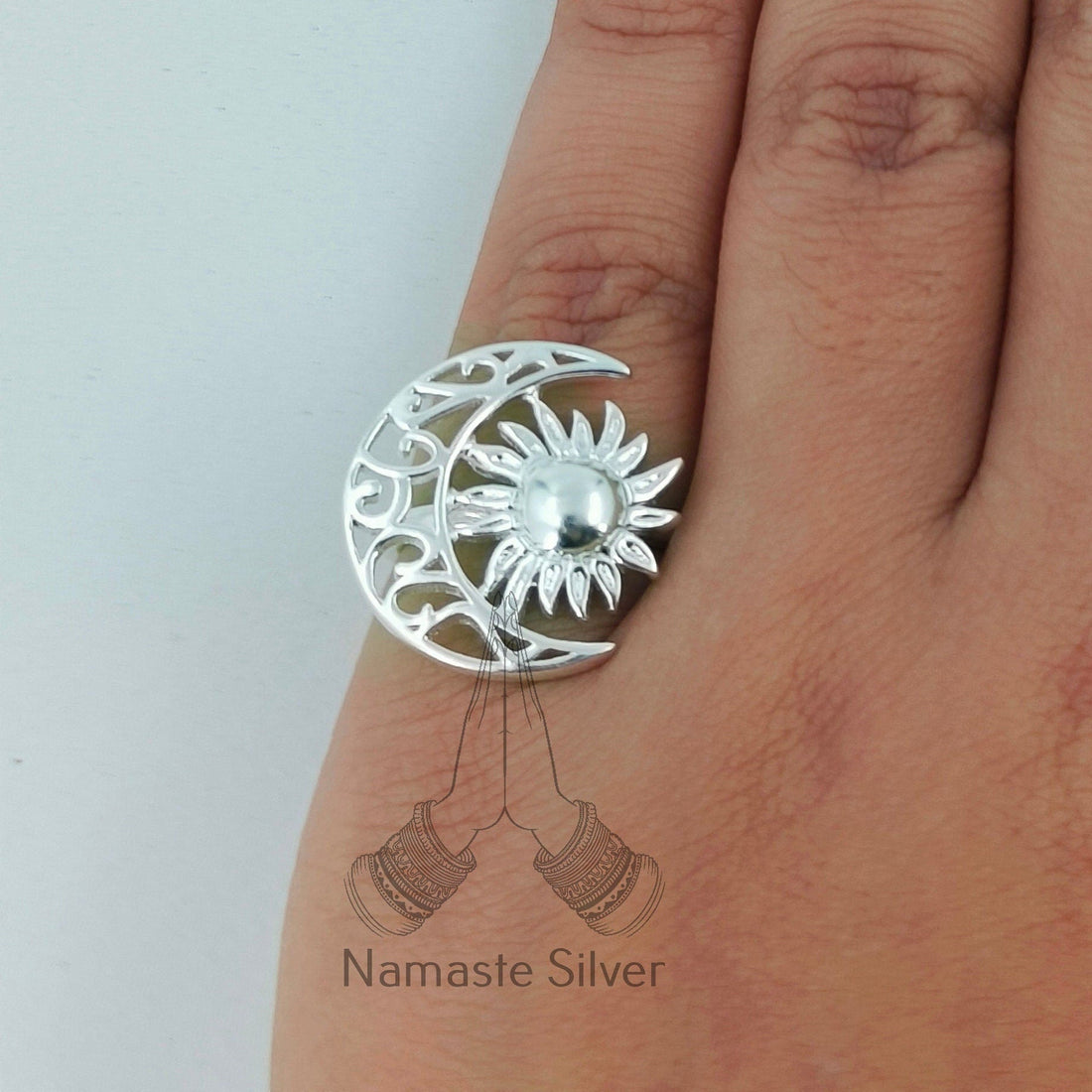 Silver Sun Moon Ring, 925 Sterling Silver Ring, Handmade Boho Jewelry, Crescent Moon Ring, Celestial Jewelry, Gift for Her, Celestial Ring