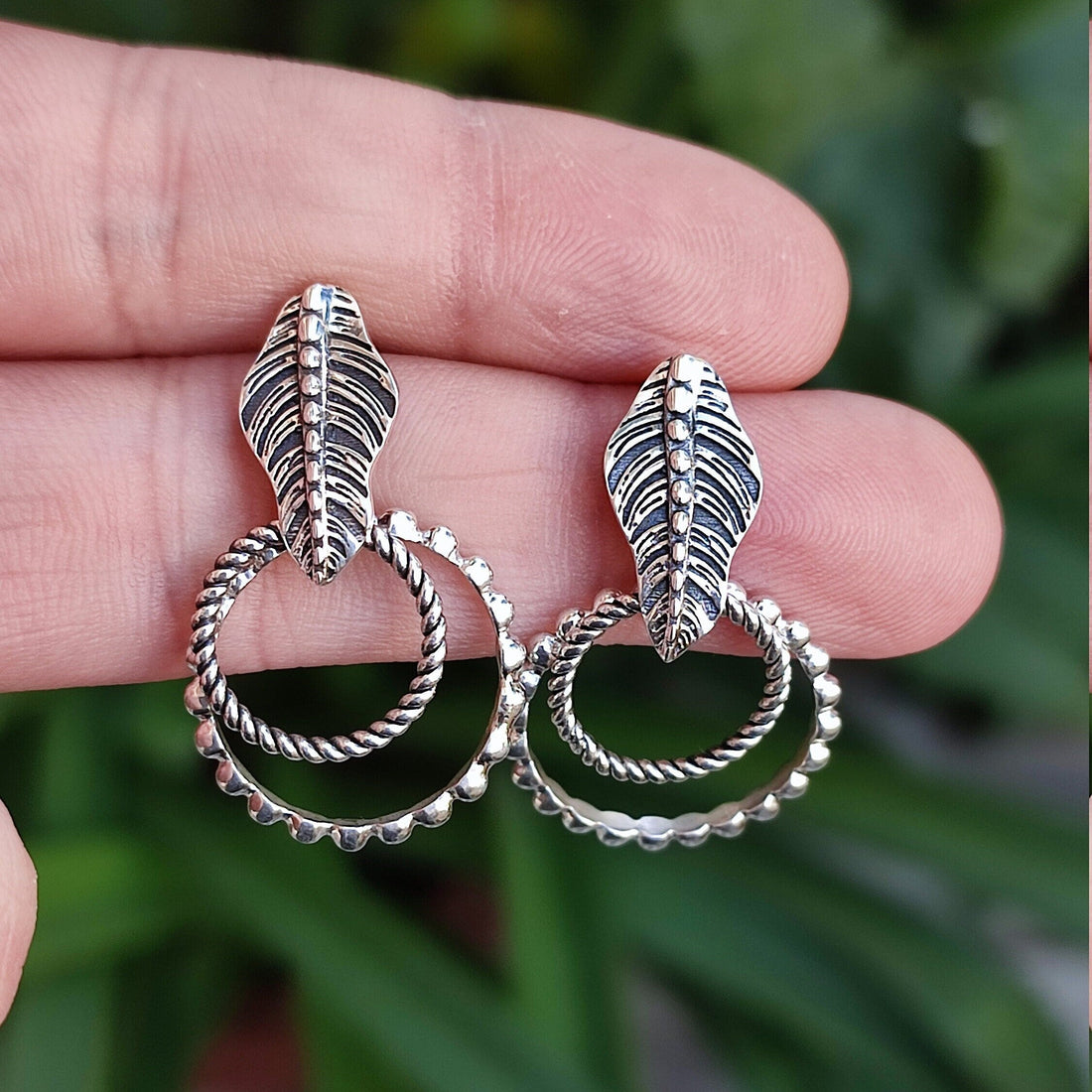 Leaf Earrings, 925 Sterling Silver Dangle Earrings, Nature-inspired leaf Handmade Boho Jewelry, Double Hoop Earrings, Unique Gift For Her