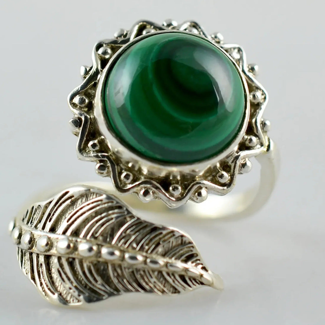 Navya Craft Malachite Round 925 Sterling Silver Handmade Statement Women Adjustable Leaf Ring, Green Gemstone Ring for Christmas Anniversary Birthday Valentine day Gift wife her mother